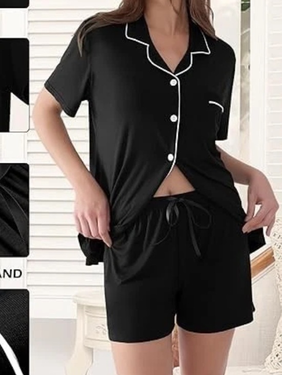 Other - Super Soft Pajamas Set Short Sleeve Button Down Shirt w/ PJ Shorts Set black S